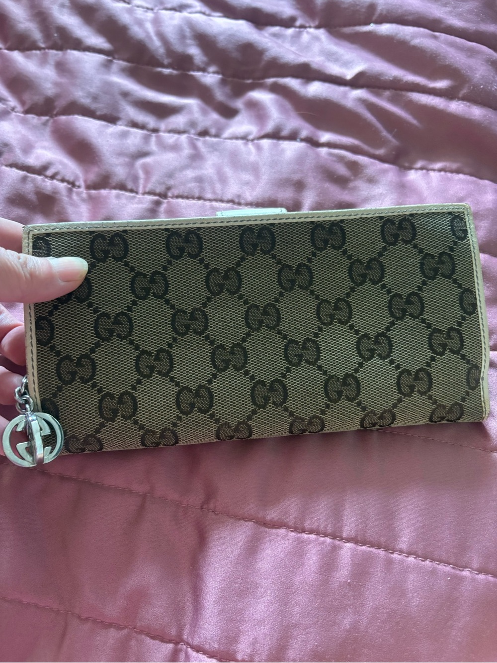 Authentic Gucci canvas leather long bifold wallet